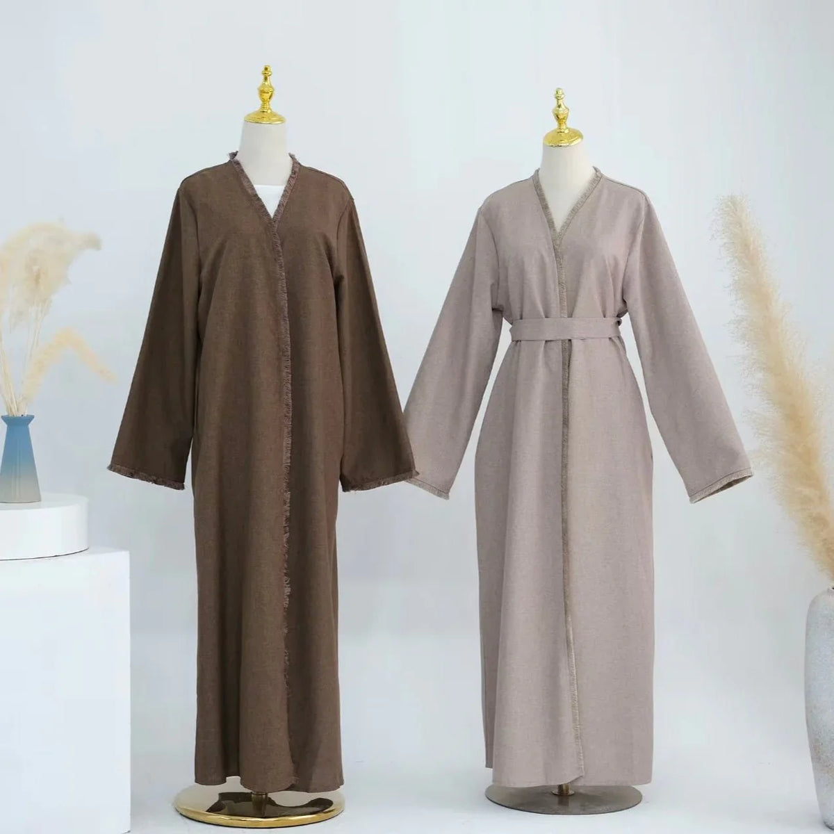 Brown Linen Tassel Open Abaya - AL-SAYLA